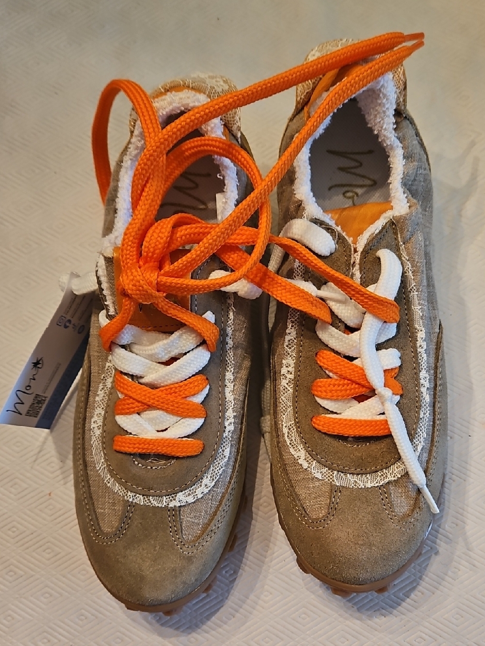 Neutral Suede Sneakers with Bright Orange & White Laces